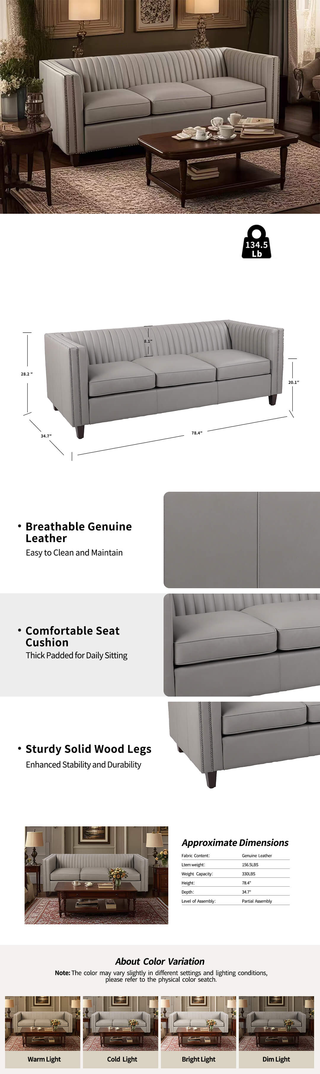 Velora Chesterfield Genuine Leather Sofa | Tufted Seating with Wood Legs