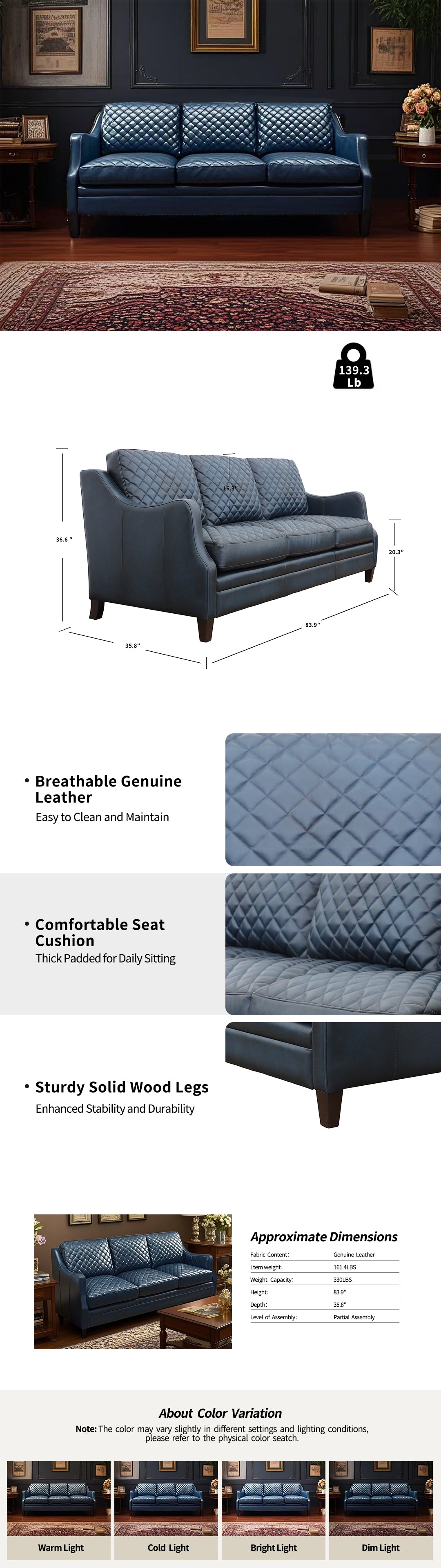 Veyra Genuine Leather Sofa – Diamond-Tufted Quilted Couch with Sculpted Arms & Solid Wood Legs