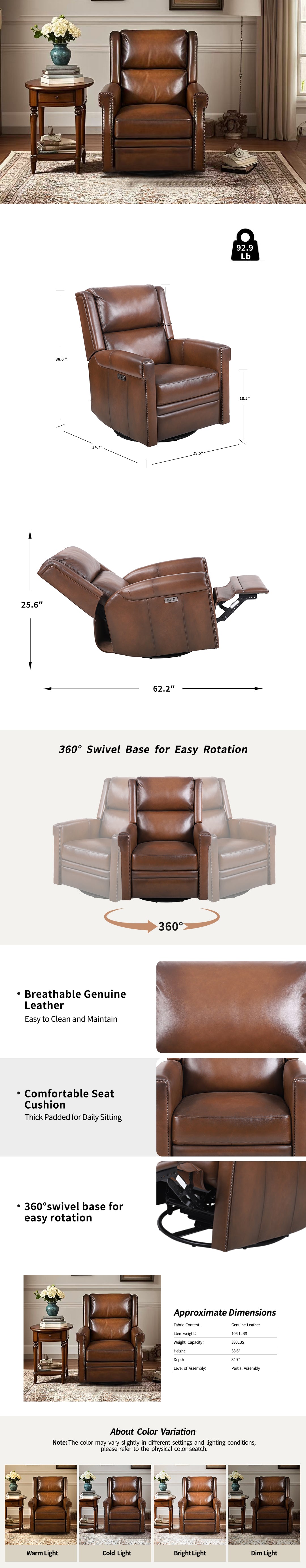 Lazari Genuine Leather Power Recliner – Swivel Glider Chair with Nailhead Trim & Plush Cushioning