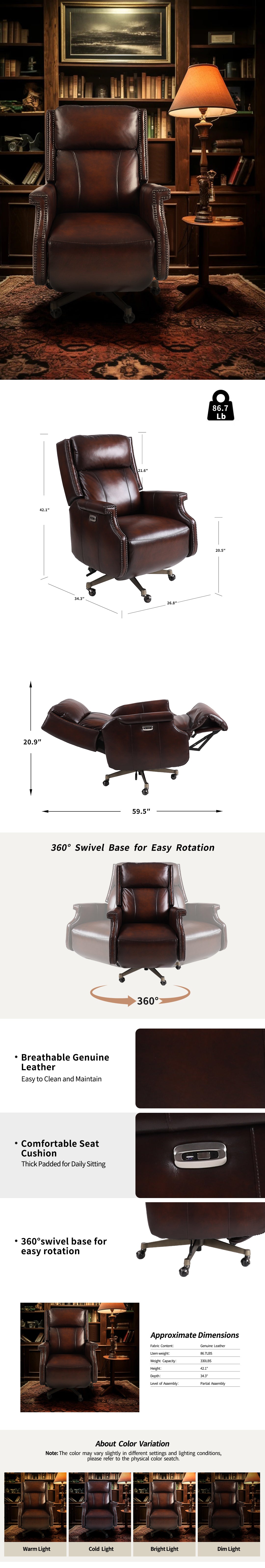 Cordova Genuine Leather Power Recliner