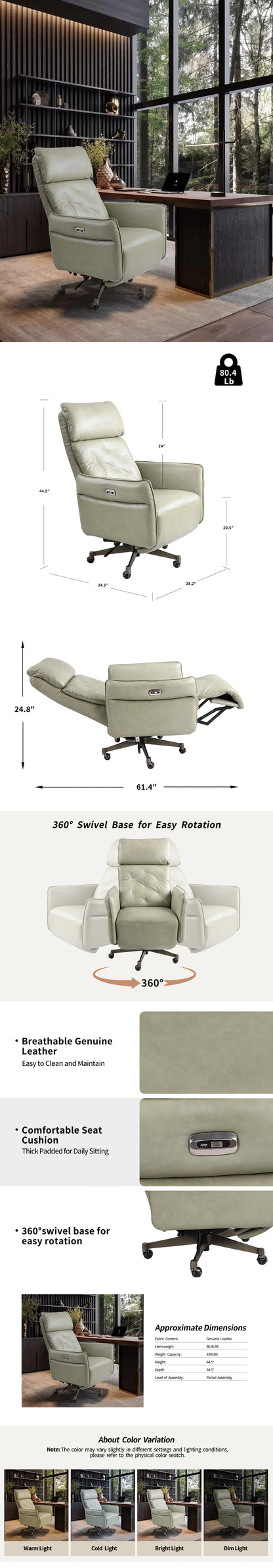 Ventura Genuine Leather Power Swivel Recliner Chair