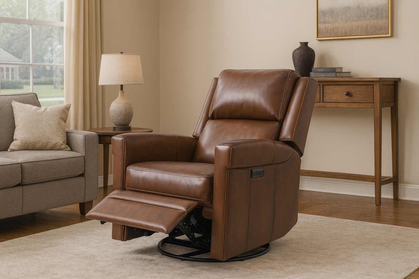 Lazari Genuine Leather Power Recliner – Swivel Glider Chair with Nailhead Trim & Plush Cushioning